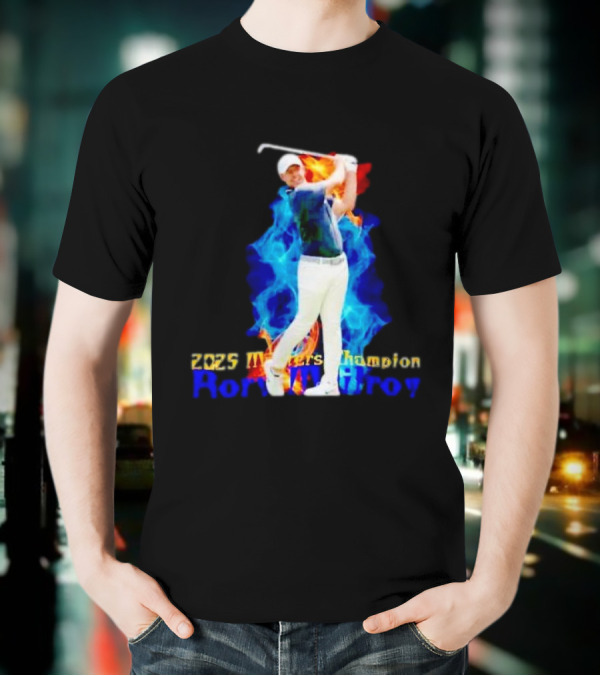Rory McIlroy 2025 Masters Champion Golf Swing With Fire And Blue Flame Background T-Shirt