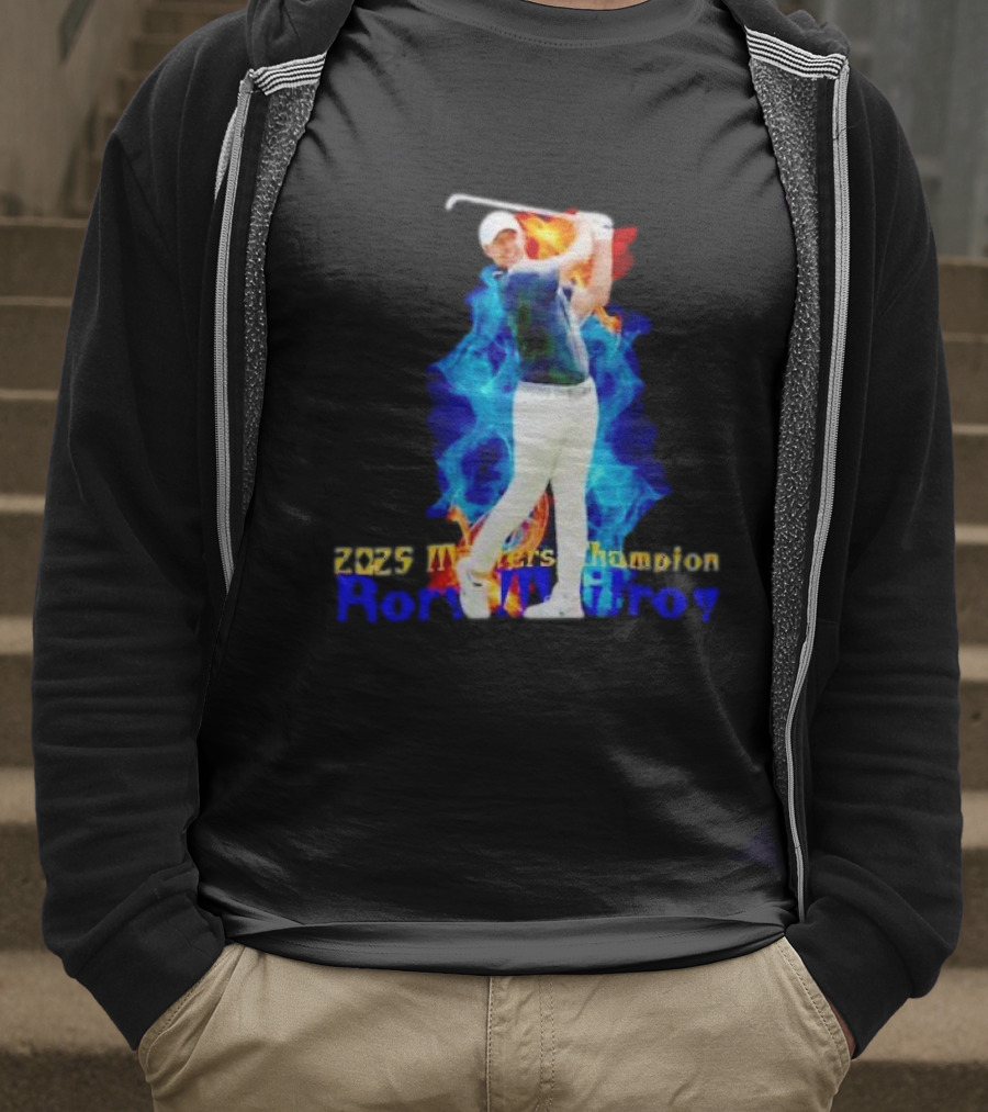 Rory McIlroy 2025 Masters Champion Golf Swing With Fire And Blue Flame Background T-Shirt