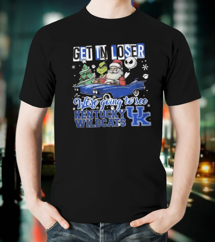 Get In Loser Santa Grinch Jack Skellington Driving Car Kentucky Wildcats Christmas T-Shirt