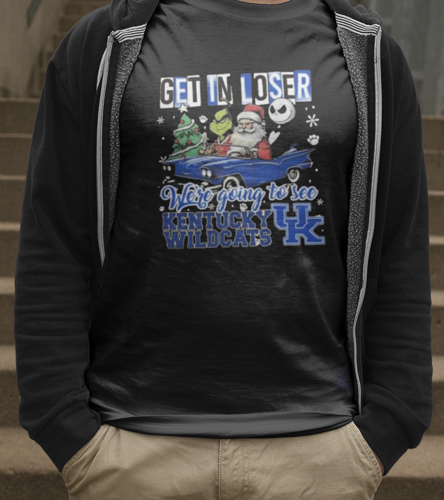 Get In Loser Santa Grinch Jack Skellington Driving Car Kentucky Wildcats Christmas T-Shirt