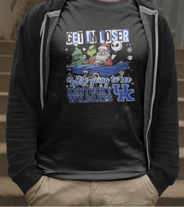 Get In Loser Santa Grinch Jack Skellington Driving Car Kentucky Wildcats Christmas T-Shirt