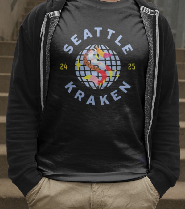 Seattle Kraken Pride Night 2025 Globe Stars Rainbow S 24 25 T-Shirt