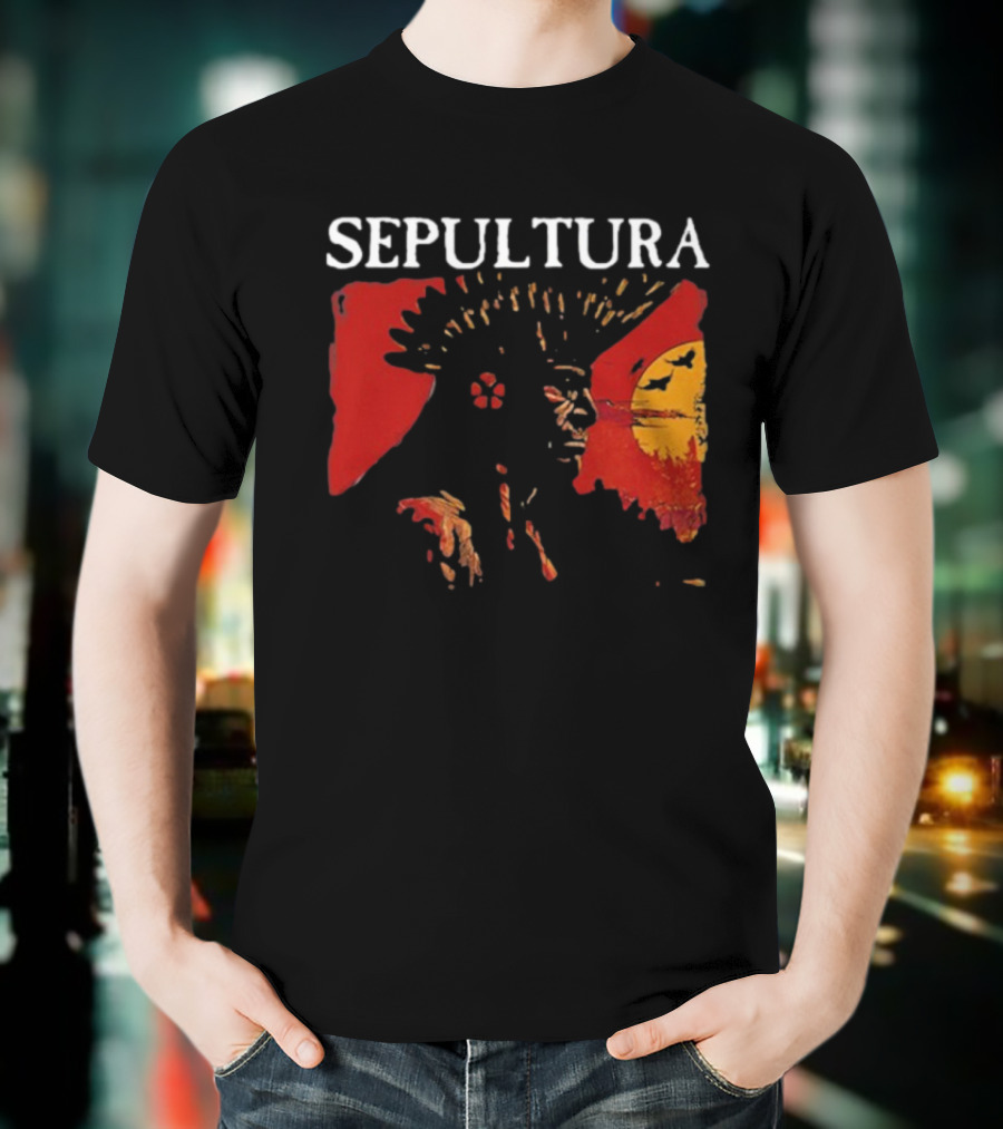 Sepultura Celebrating Life Through Death Black Sunburst And Sunset Scene T-Shirt