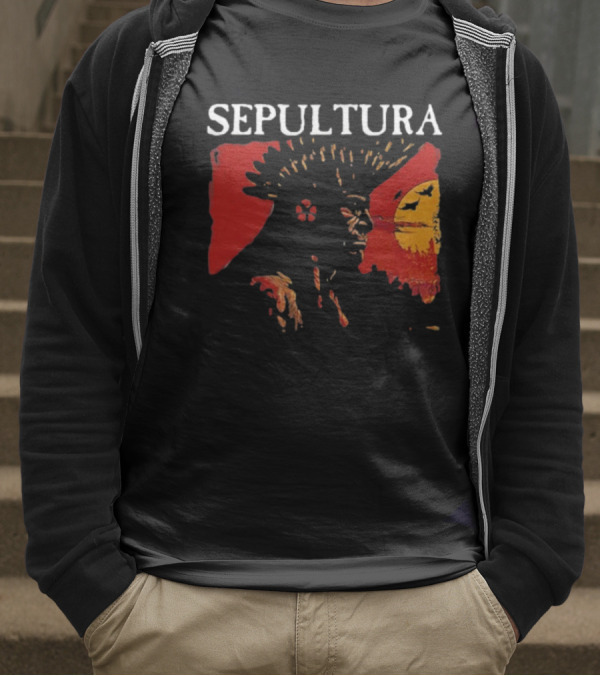 Sepultura Celebrating Life Through Death Black Sunburst And Sunset Scene T-Shirt