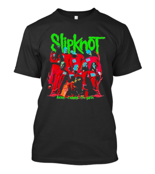 Slipknot Here Comes The Pain Text With Red Figures And Green Logo T-Shirt