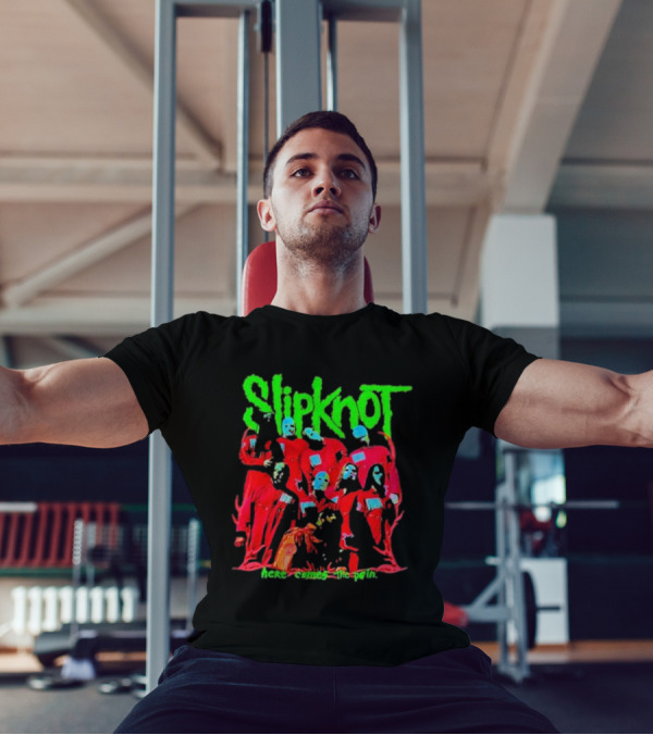 Slipknot Here Comes The Pain Text With Red Figures And Green Logo T-Shirt
