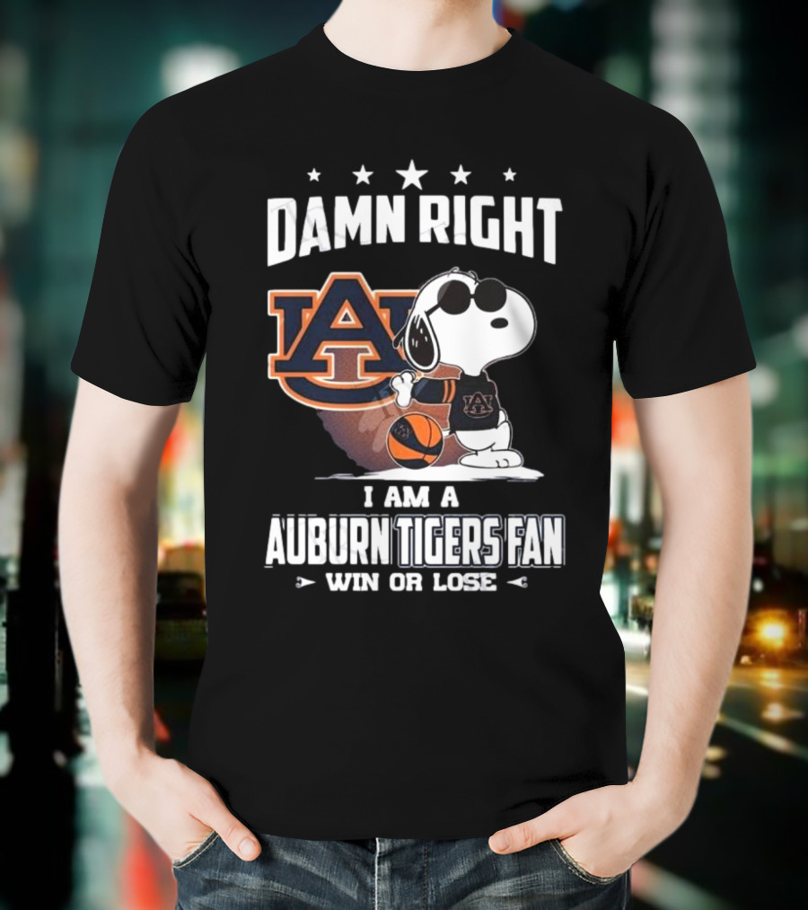 Damn Right I Am A Auburn Tigers Fan Win Or Lose Snoopy Auburn Logo T-Shirt