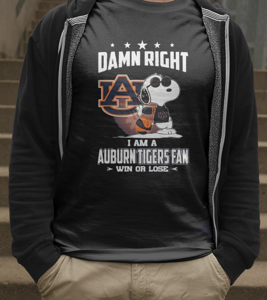 Damn Right I Am A Auburn Tigers Fan Win Or Lose Snoopy Auburn Logo T-Shirt