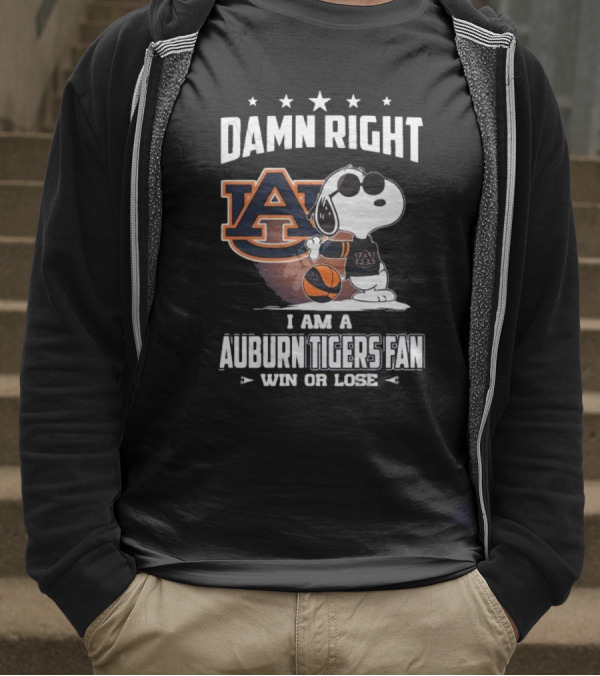 Damn Right I Am A Auburn Tigers Fan Win Or Lose Snoopy Auburn Logo T-Shirt