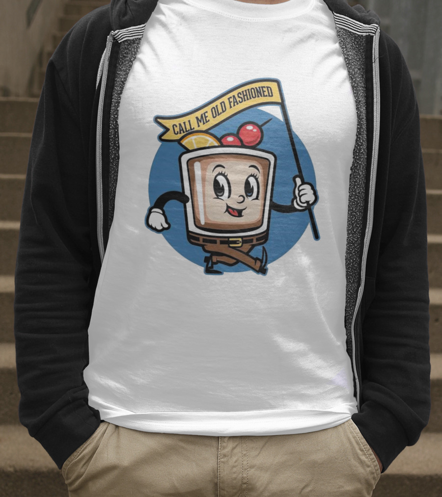 Whiskey Call Me Old Fashioned Cartoon Drink Character With Flag And Cherries T-Shirt