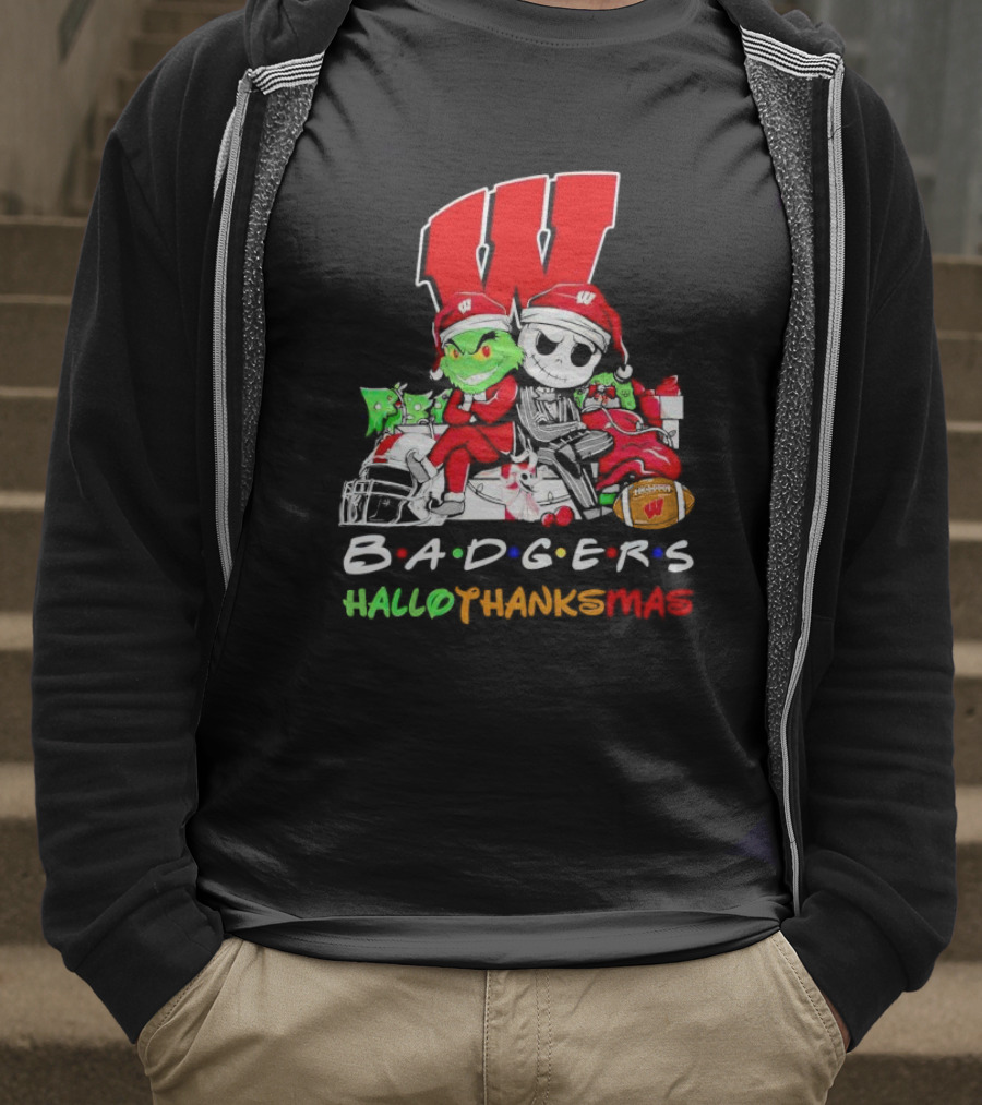 Badgers HalloThanksMas Grinch Jack Skellington Friends Football W T-Shirt
