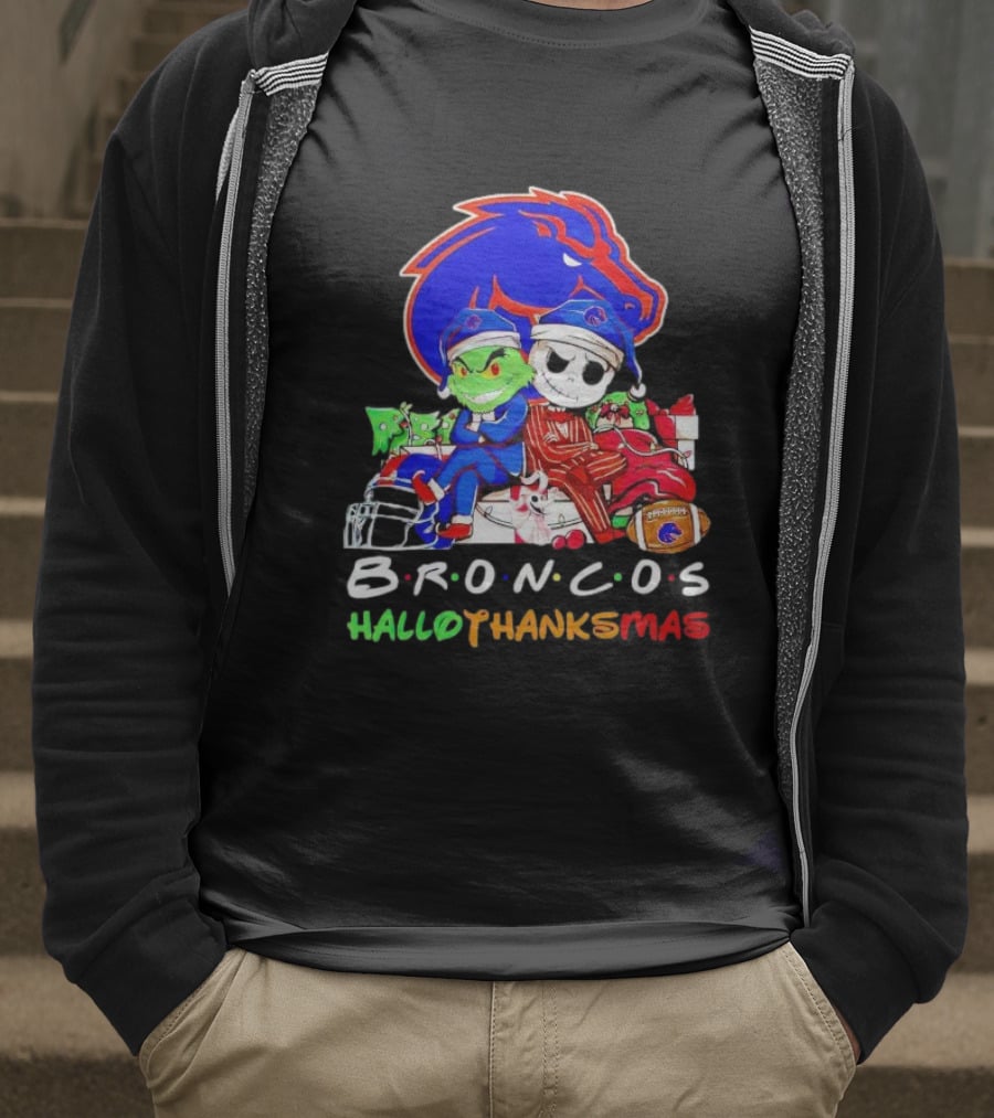 Broncos HalloThanksMas Grinch And Jack Skellington Friends T-Shirt