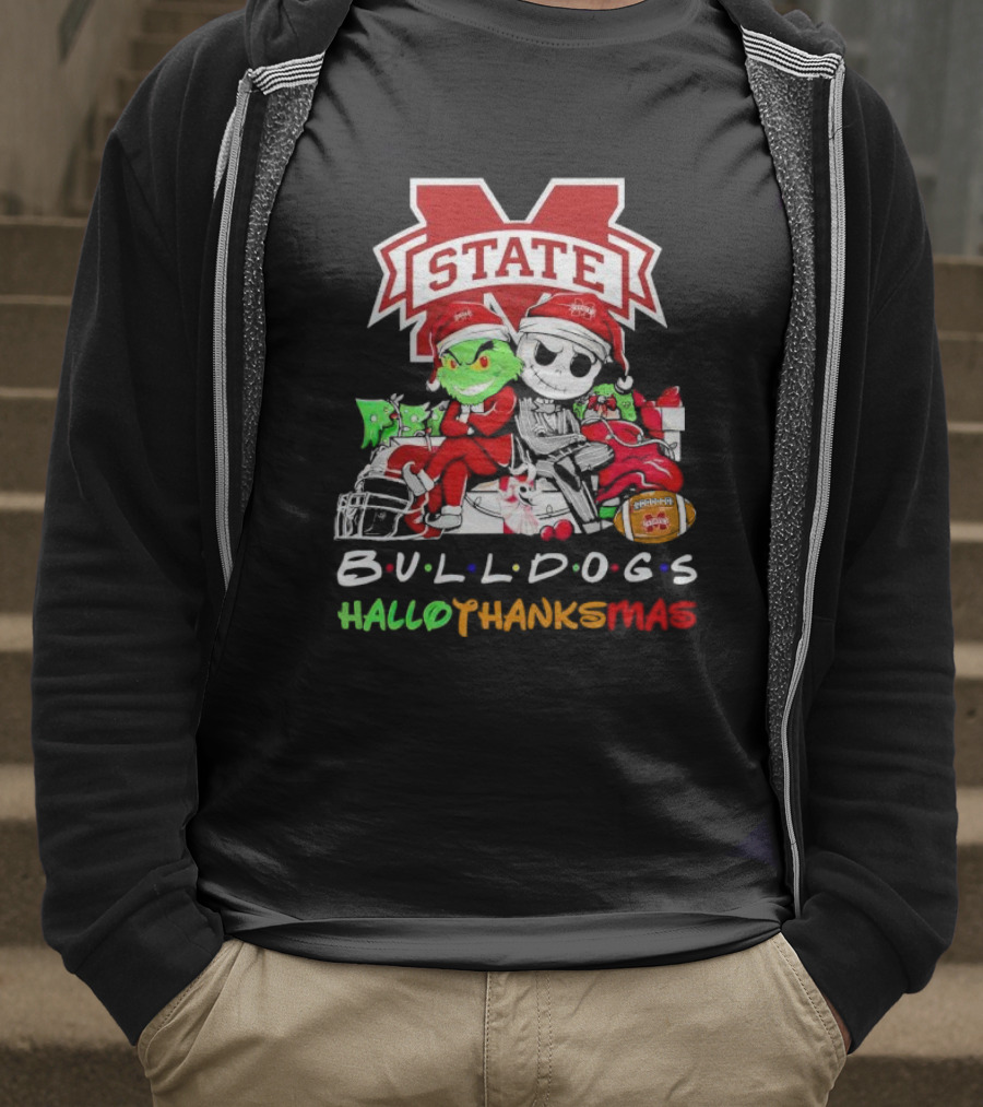 State Bulldogs Grinch And Jack Skellington HalloThanksMas T-Shirt