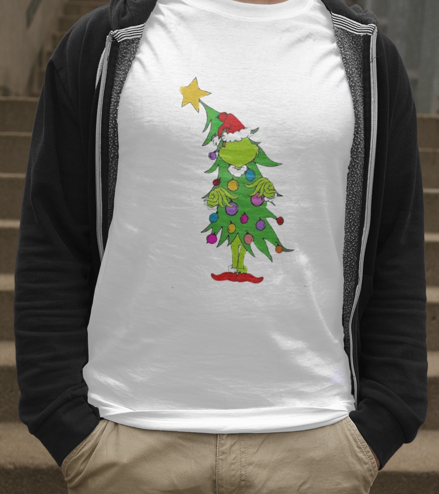 Grinch Christmas Tree Costume With Star And Ornaments T-Shirt