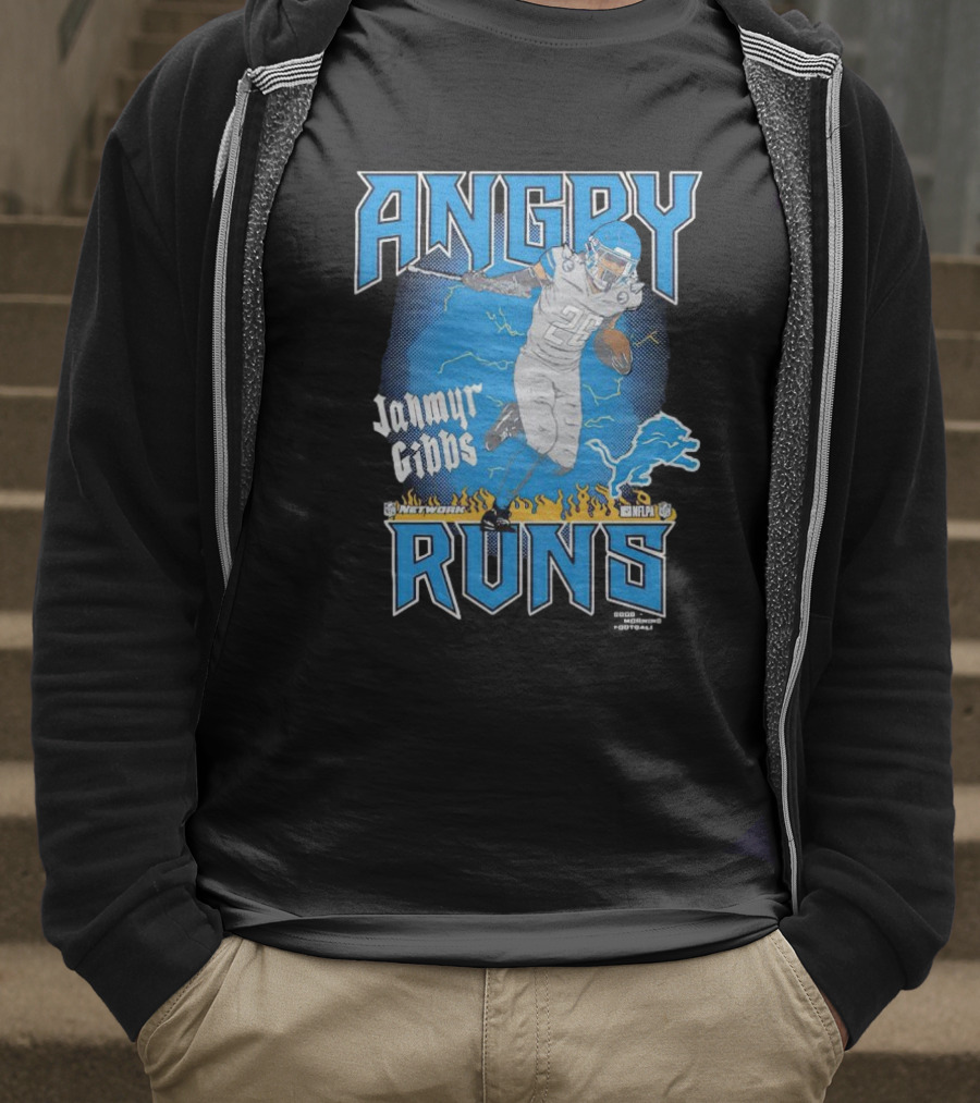 Jahmyr Gibbs Angry Runs Detroit Football Flames And Lion T-Shirt