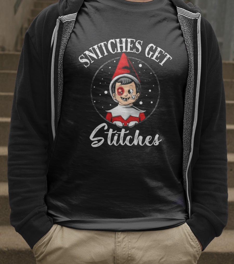 SNITCHES GET STITCHES Elf Red Hat Black Eye Snowflakes T-Shirt