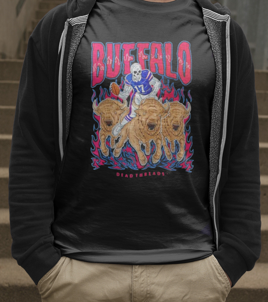 Buffalo Football Dead Threads Skeleton Quarterback Riding Buffalos T-Shirt