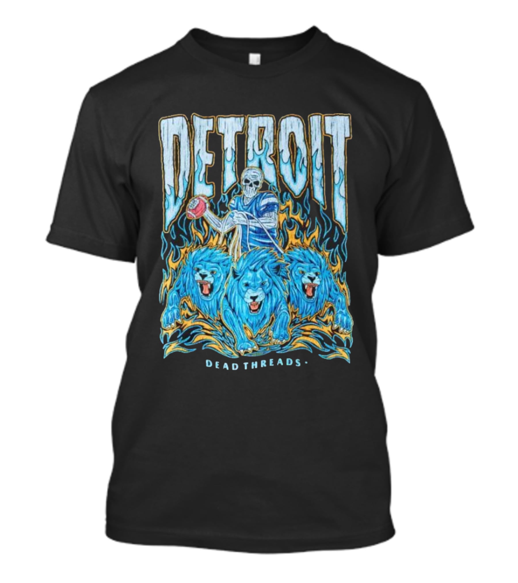 Detroit Dead Threads Football Skeleton And Blue Lions T-Shirt