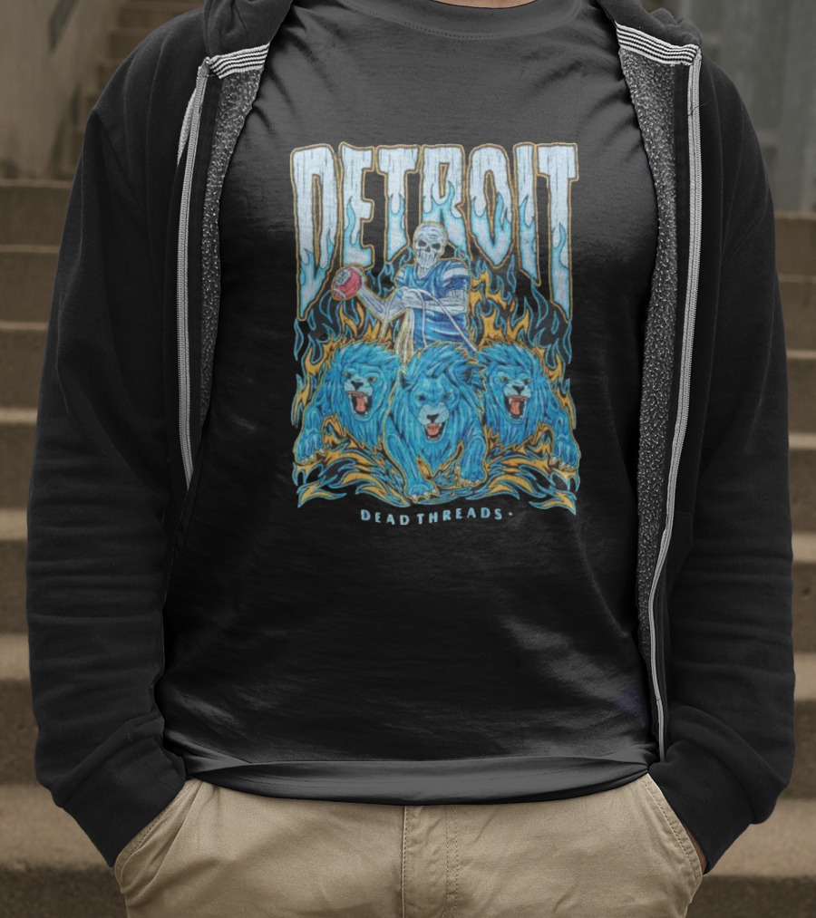 Detroit Dead Threads Football Skeleton And Blue Lions T-Shirt