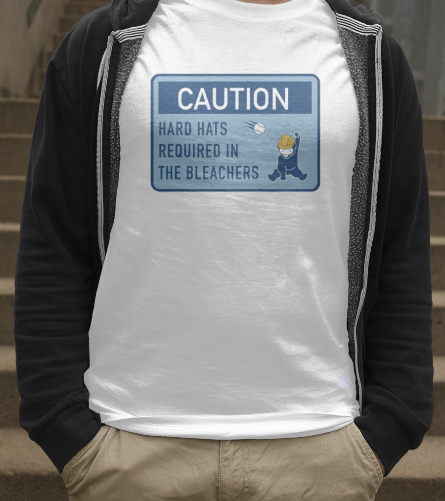 Caution: Hard Hats Required In The Bleachers With Cartoon Worker And Falling Object T-Shirt