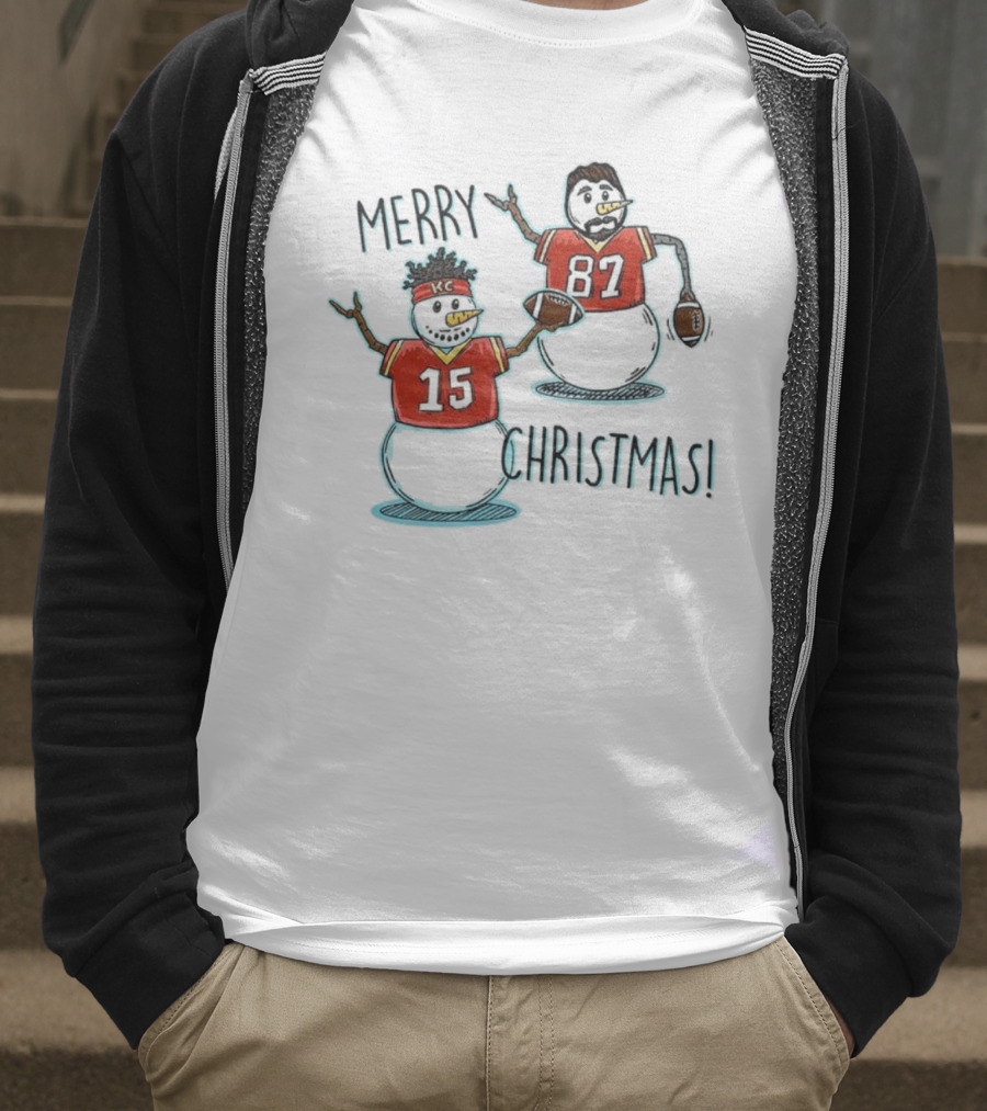 Merry Christmas Mahomes Snowman 15 And 87 Kansas City Football Chiefsmas T-Shirt