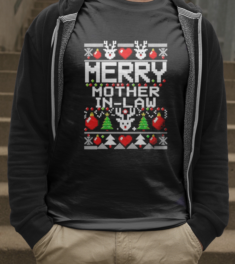Merry Mother In-Law Christmas Sweater Reindeer Hearts Trees Ornaments T-Shirt