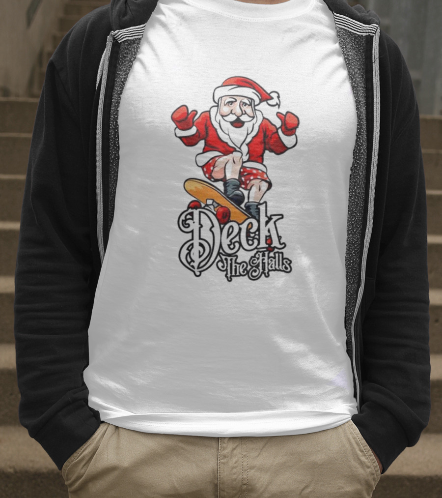 Skateboarding Santa Claus Deck The Halls Christmas Holiday Fun T-Shirt