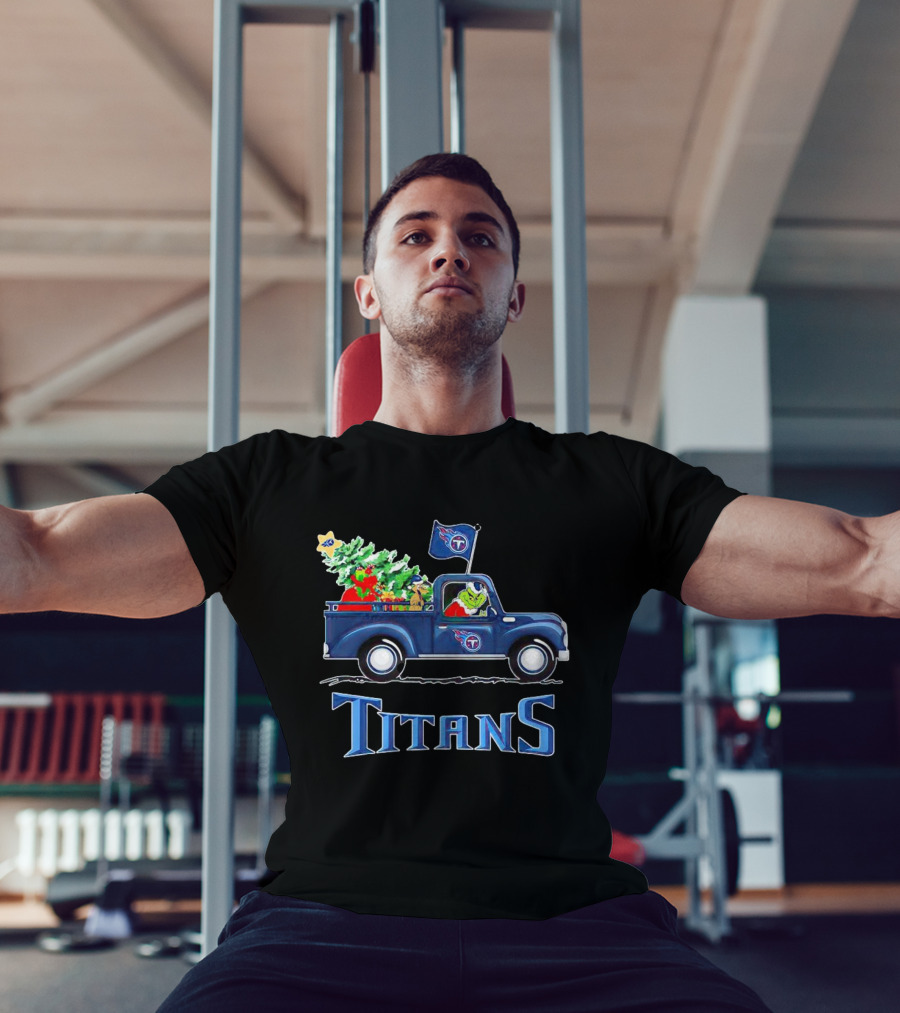 Grinch Driving Christmas Tree Truck Tennessee Titans Holiday Spirit T-Shirt