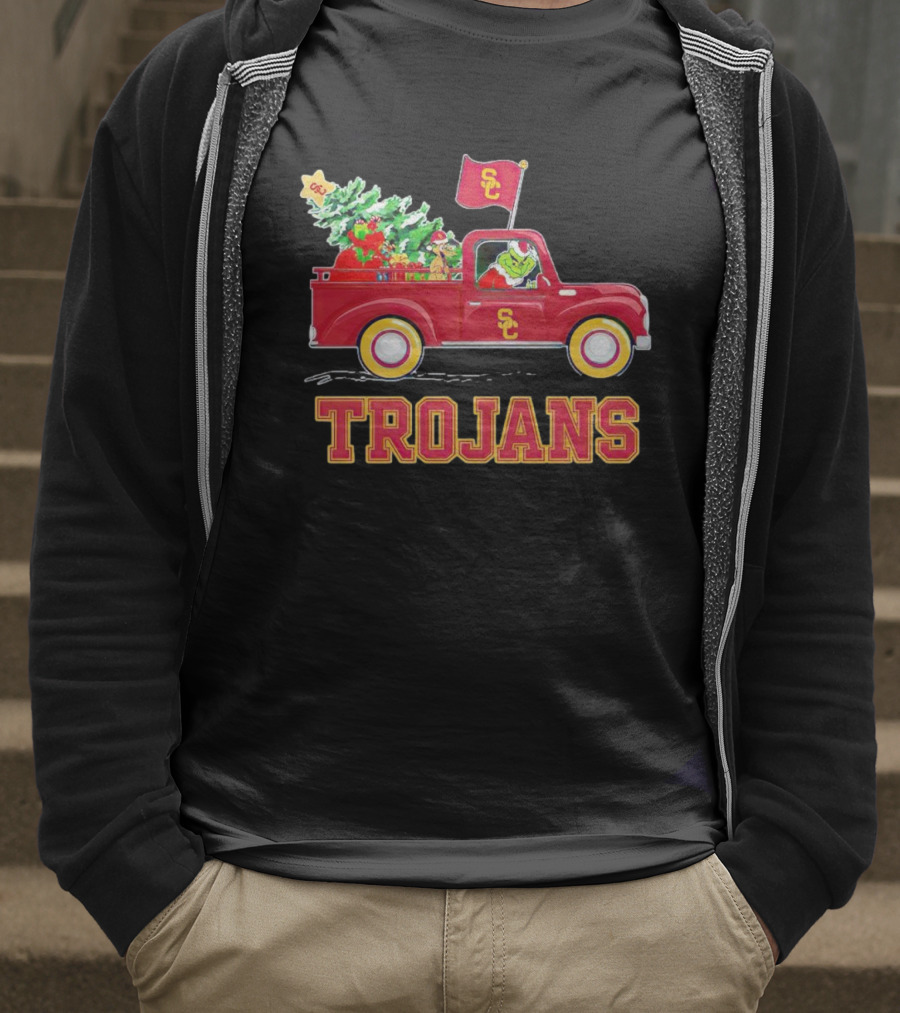 Grinch Driving Red Truck With Christmas Tree USC Trojans T-Shirt