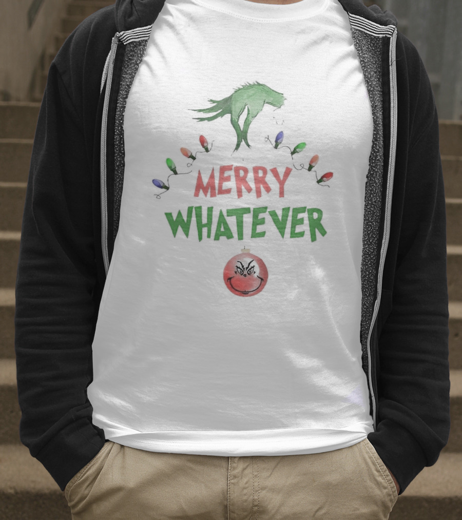 Grinch Hand Holding Christmas Lights Merry Whatever Christmas T-Shirt