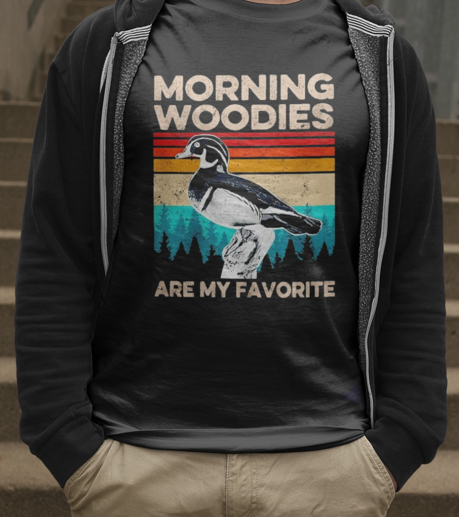 Morning Woodies Are My Favorite Vintage Duck Silhouette Retro Stripes Forest Pines T-Shirt