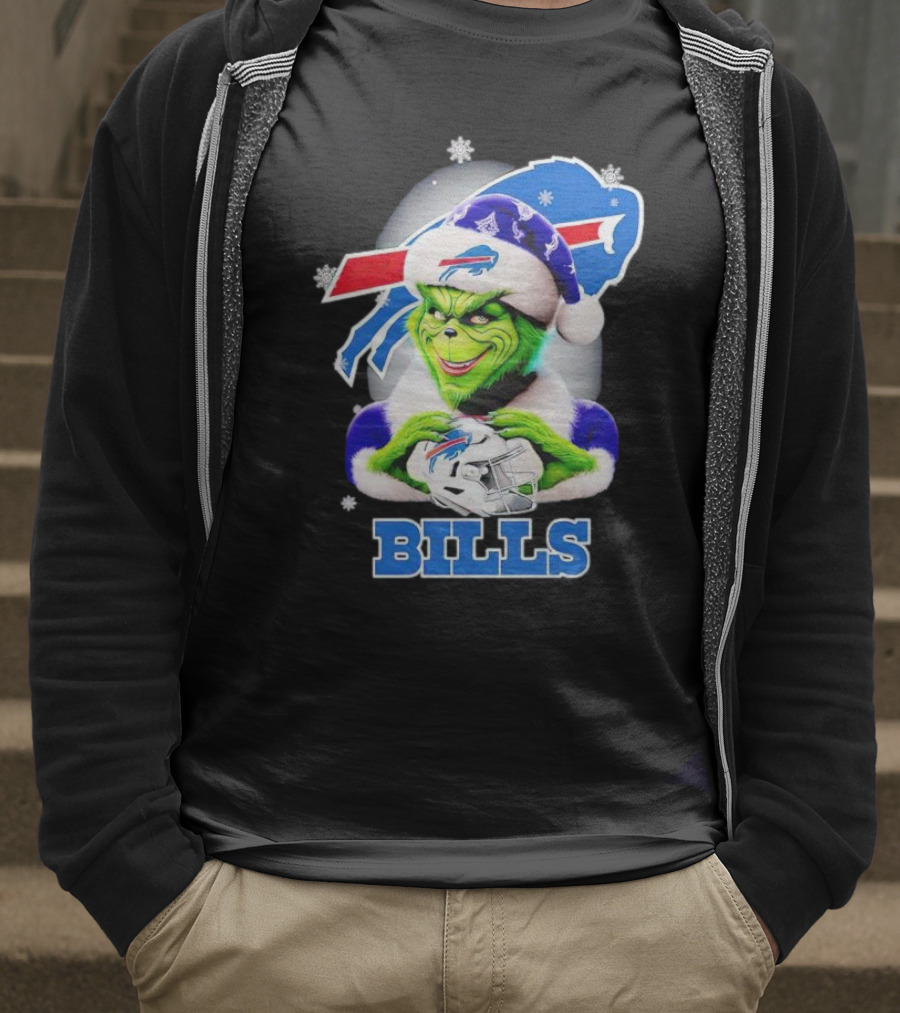 Grinch Love Buffalo Bills Christmas Santa Hat Snowflakes T-Shirt