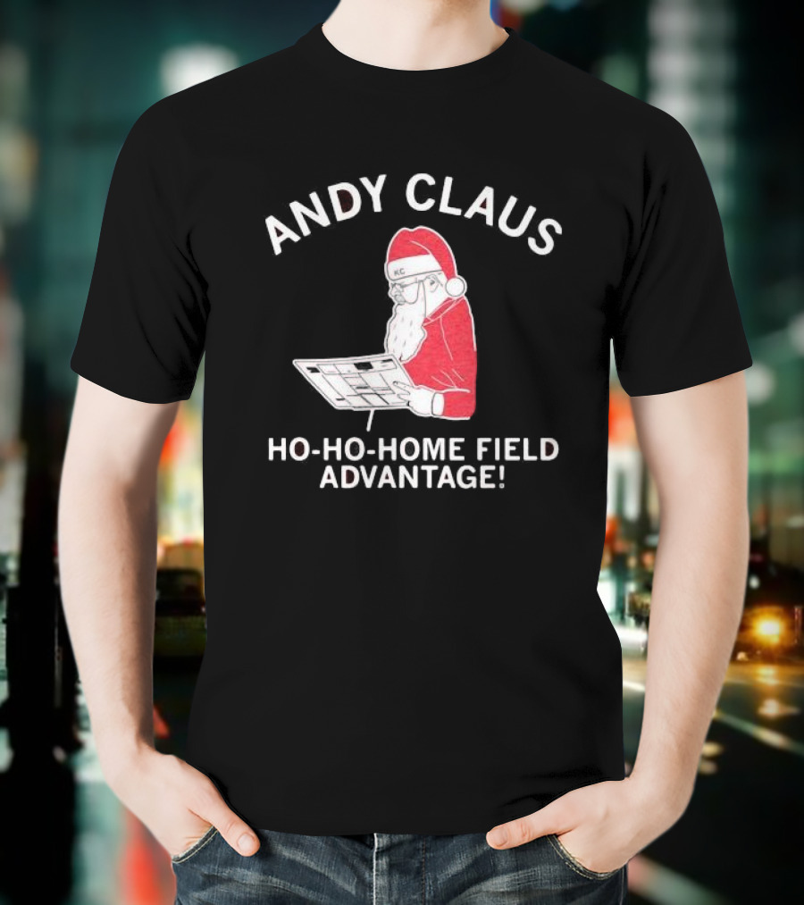 Andy Claus Santa In KC Hat With Playbook Ho Ho Home Field Advantage T-Shirt