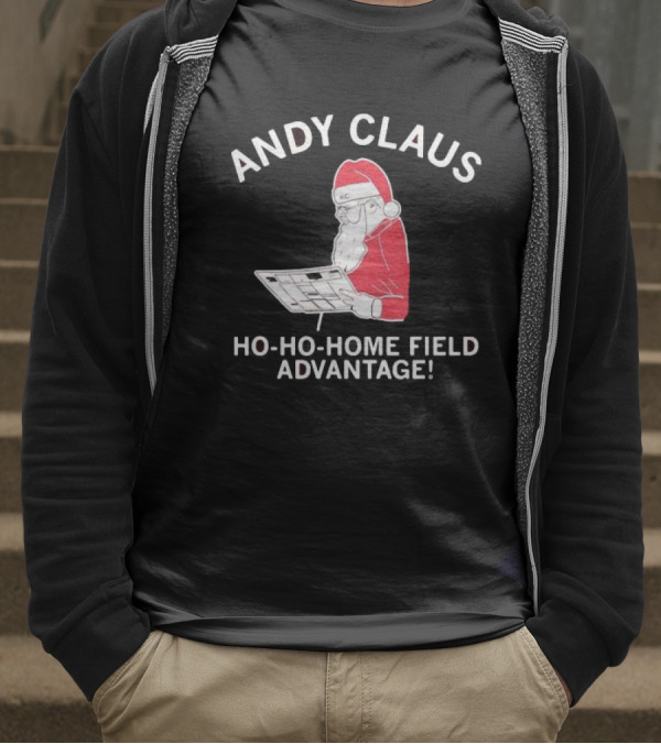 Andy Claus Santa In KC Hat With Playbook Ho Ho Home Field Advantage T-Shirt