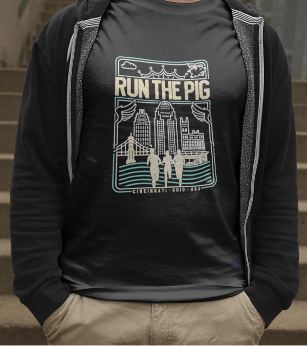 RUN THE PIG Skyline And Runners Cincinnati Ohio USA T-Shirt