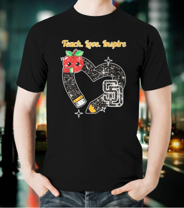 Teach Love Inspire San Diego Padres Sparkling Heart Apple Pencil T-Shirt