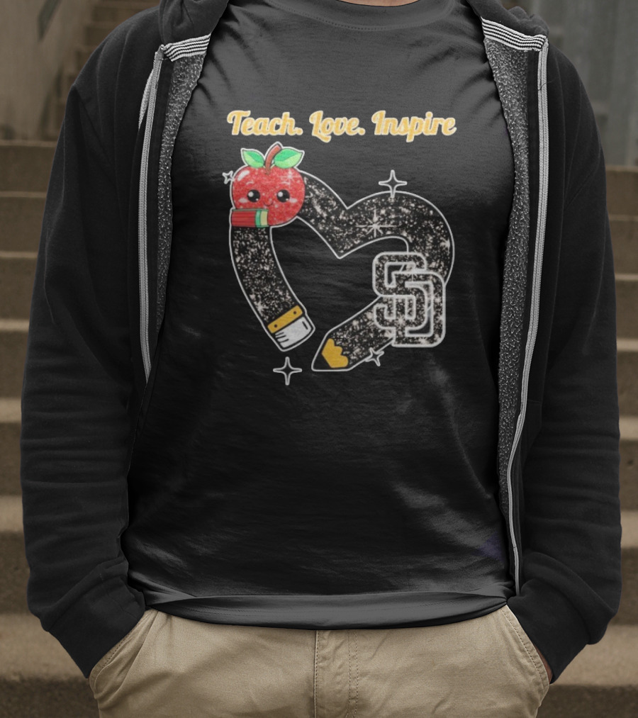 Teach Love Inspire San Diego Padres Sparkling Heart Apple Pencil T-Shirt