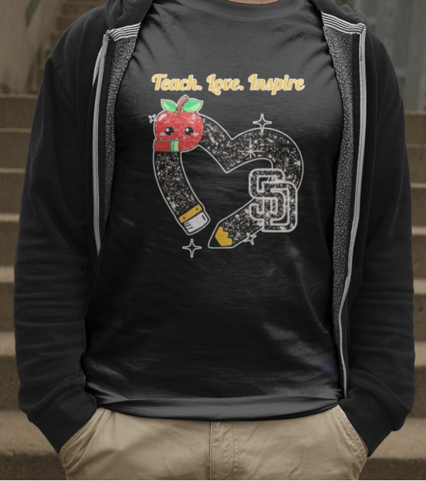 Teach Love Inspire San Diego Padres Sparkling Heart Apple Pencil T-Shirt