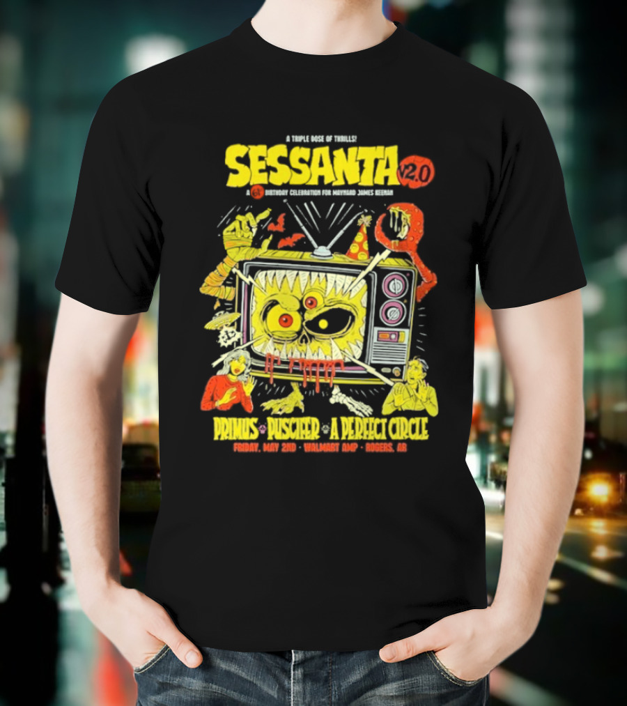 Sessanta 2.0 Event Primus Puscifer A Perfect Circle May 2 2025 Rogers AR Walmart AMP TV T-Shirt