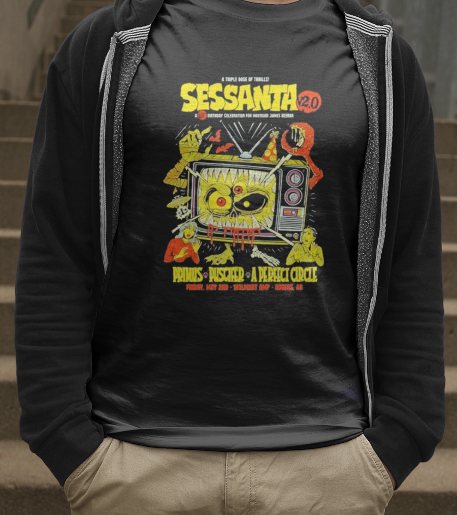 Sessanta 2.0 Event Primus Puscifer A Perfect Circle May 2 2025 Rogers AR Walmart AMP TV T-Shirt