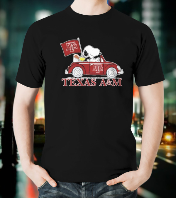 Snoopy Woodstock Driving Texas A&M Car Peanuts T-Shirt