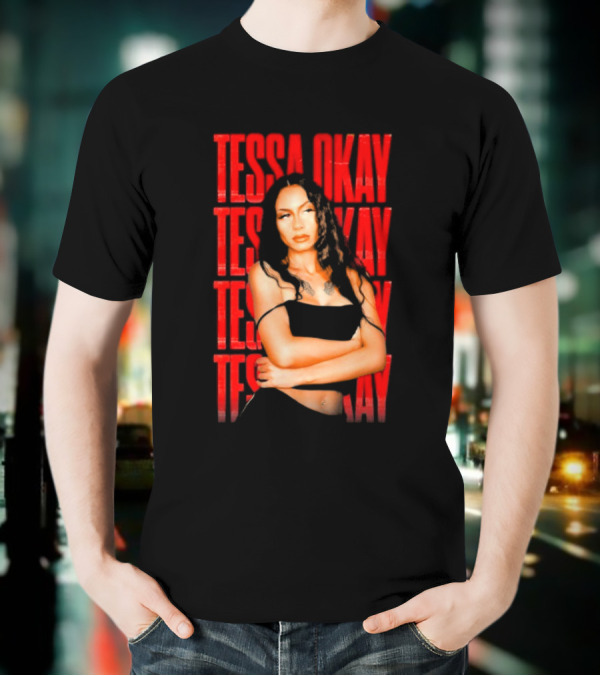 Tessa Okay Bold Red Typography With Crossed-Arms Portrait T-Shirt