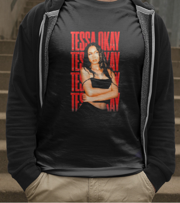 Tessa Okay Bold Red Typography With Crossed-Arms Portrait T-Shirt