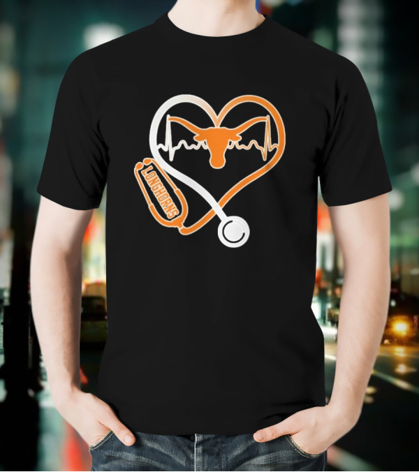 Texas Longhorns Caring Hearts Nurse Stethoscope Heartbeat T-Shirt