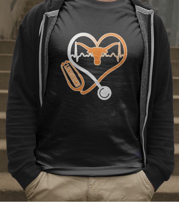Texas Longhorns Caring Hearts Nurse Stethoscope Heartbeat T-Shirt