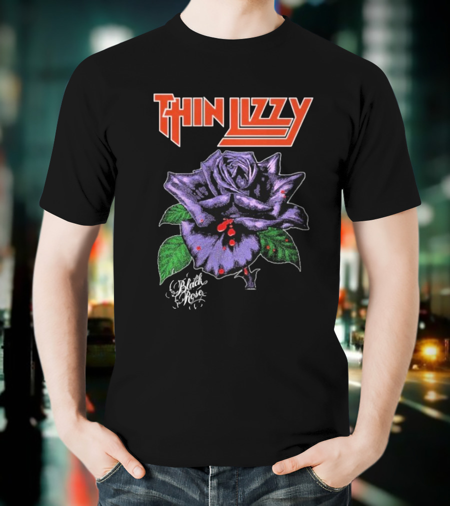 Thin Lizzy Black Rose With Purple Flower And Green Leaves T-Shirt