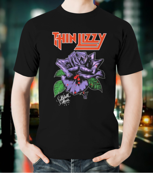 Thin Lizzy Black Rose With Purple Flower And Green Leaves T-Shirt