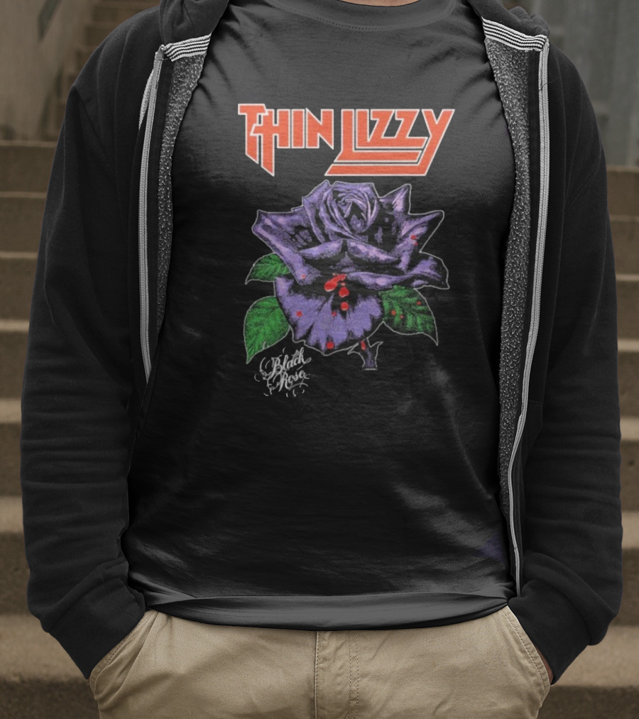 Thin Lizzy Black Rose With Purple Flower And Green Leaves T-Shirt