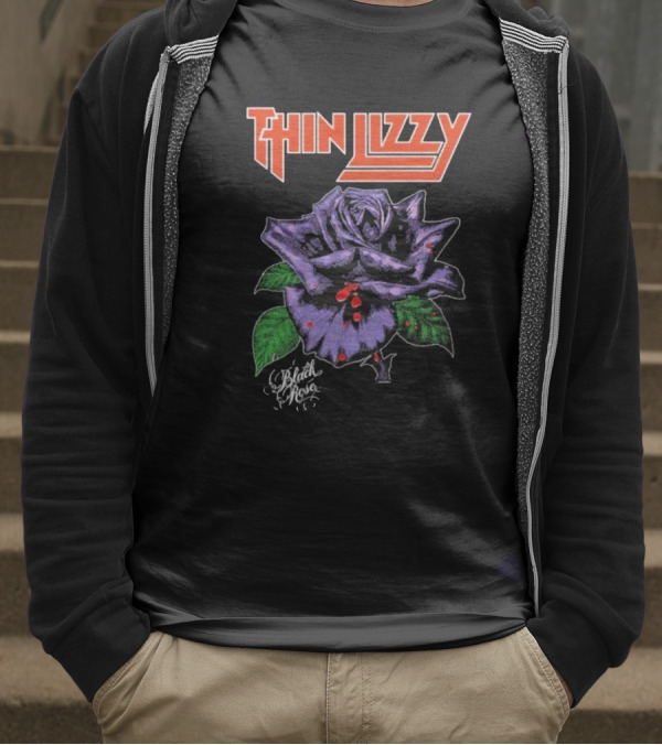Thin Lizzy Black Rose With Purple Flower And Green Leaves T-Shirt