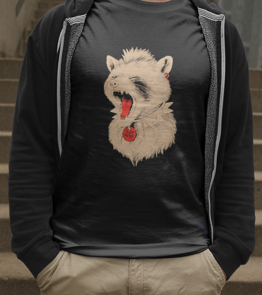 Trash Metal Raccoon With Spike Collar And Red Earring T-Shirt